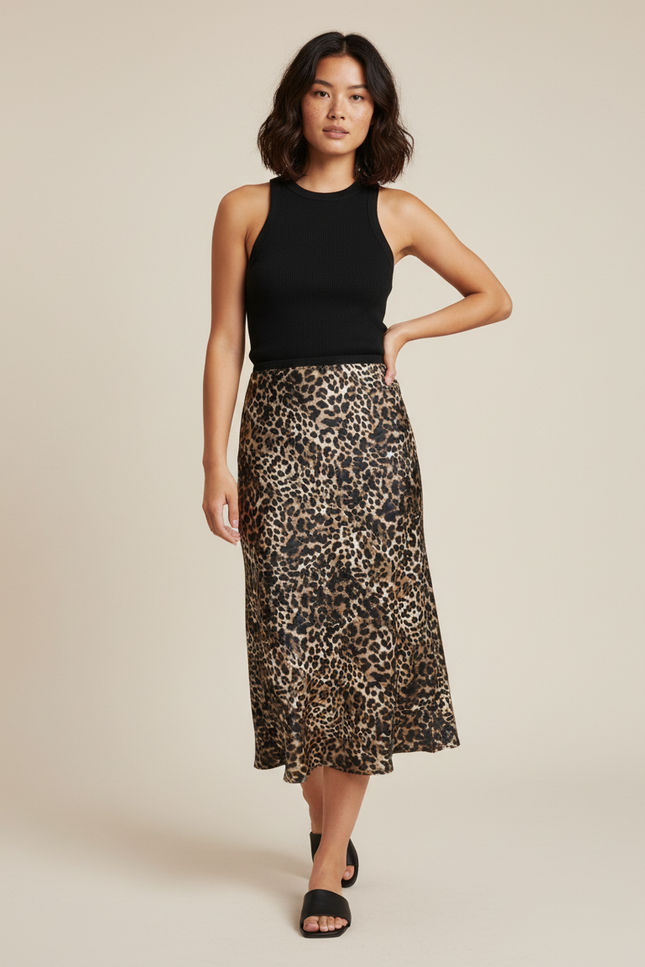 Jupe Léopard Satin Fluide Élégante Glamour