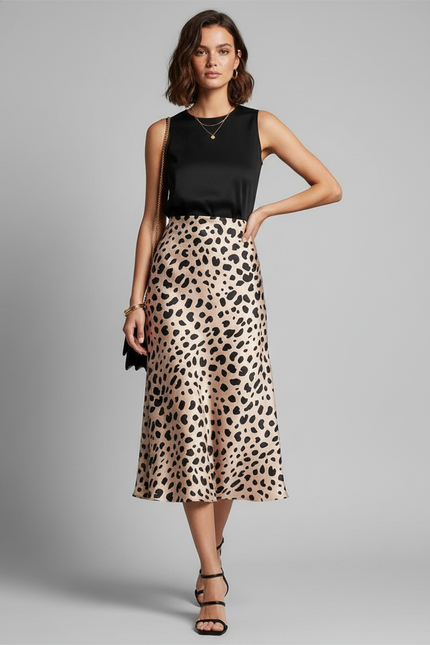 Jupe Léopard Satin Fluide Élégante Sophistiquée