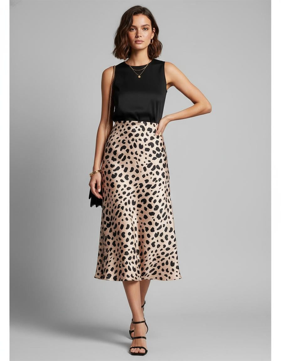 Jupe Léopard Satin Fluide Élégante Sophistiquée
