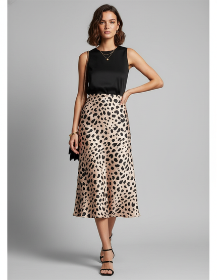 Jupe Léopard Satin Fluide Élégante Sophistiquée