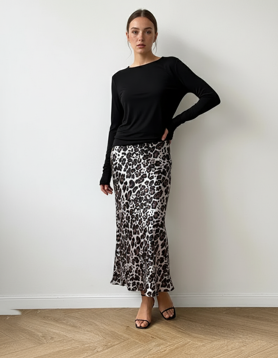Jupe Léopard Satinée Fluide Élégante Douce