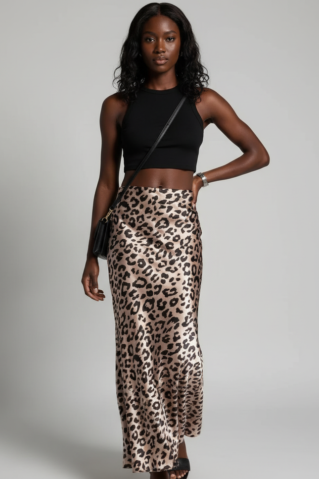 Jupe Léopard Satin Maxi Fluide
