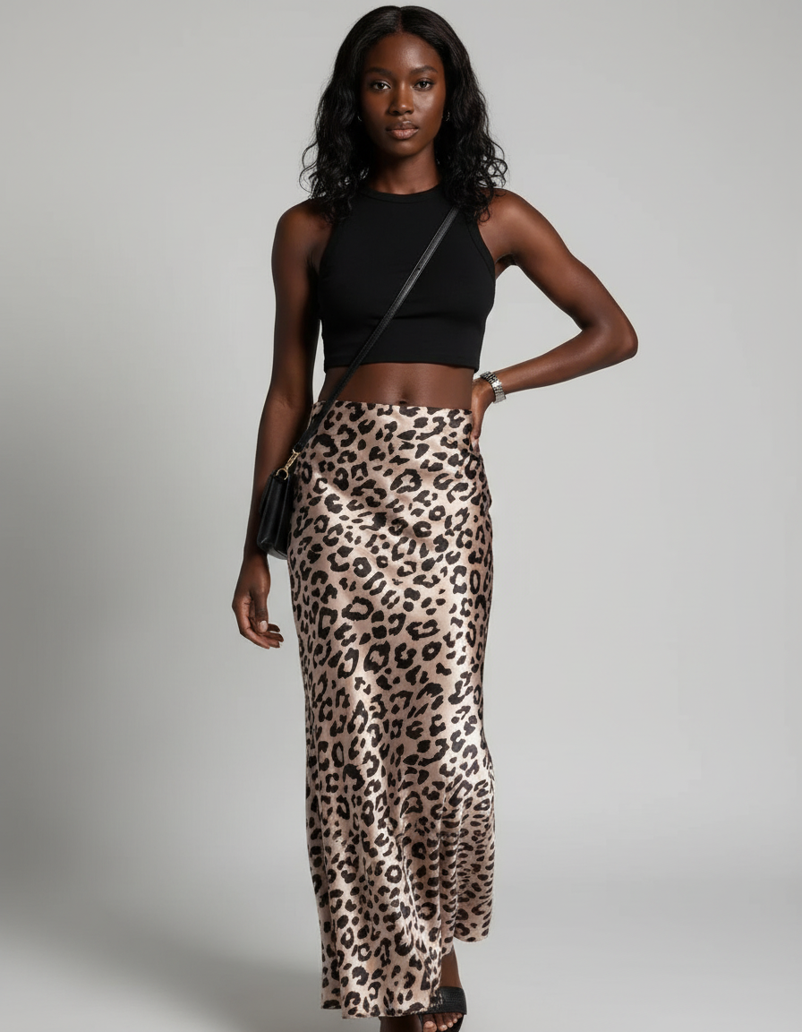 Jupe Léopard Satin Maxi Fluide