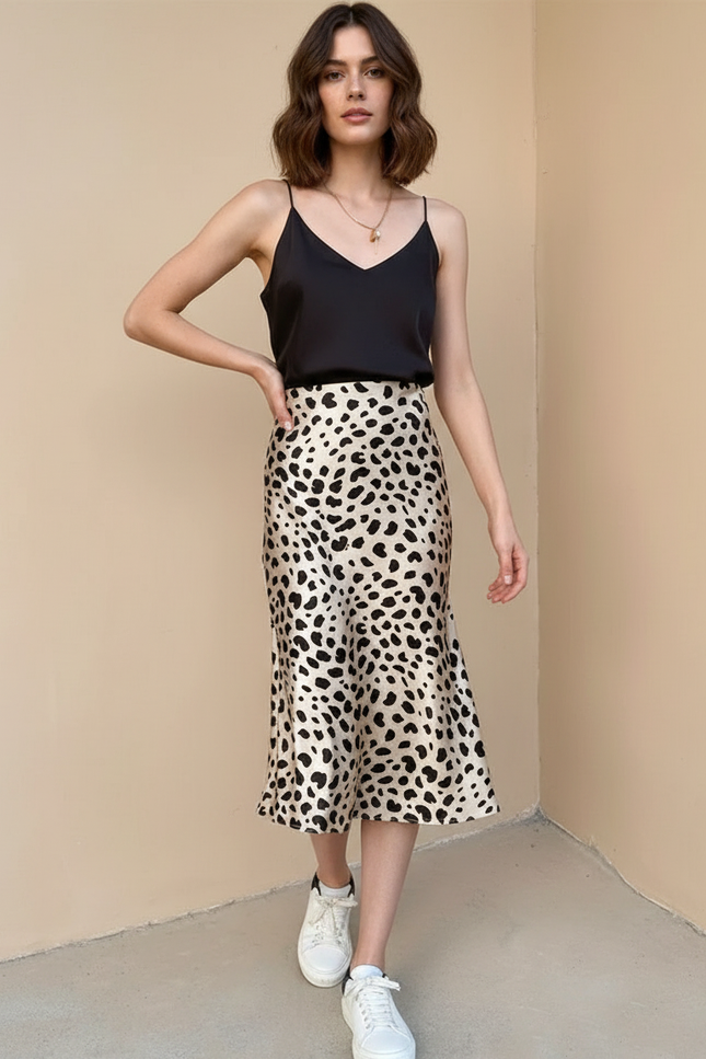 Jupe Léopard Satin Fluide Midi