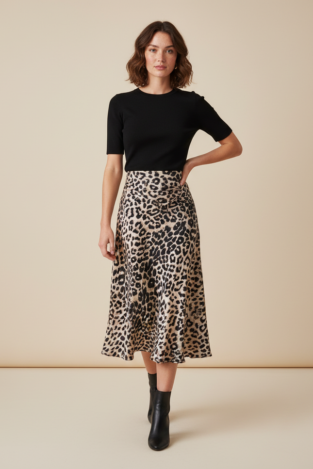 Jupe Léopard Satin Fluide Midi Légère
