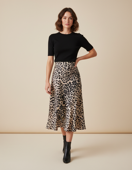 Jupe Léopard Satin Fluide Midi Légère