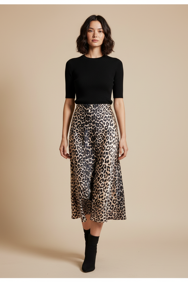 Jupe Léopard Satin Midi Fluide
