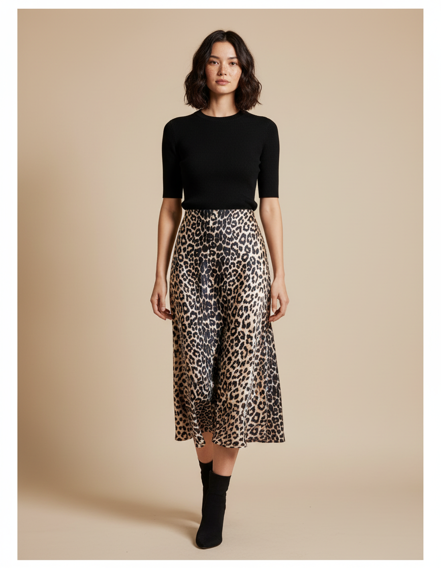 Jupe Léopard Satin Midi Fluide