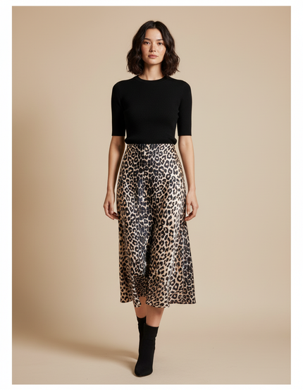 Jupe Léopard Satin Midi Fluide