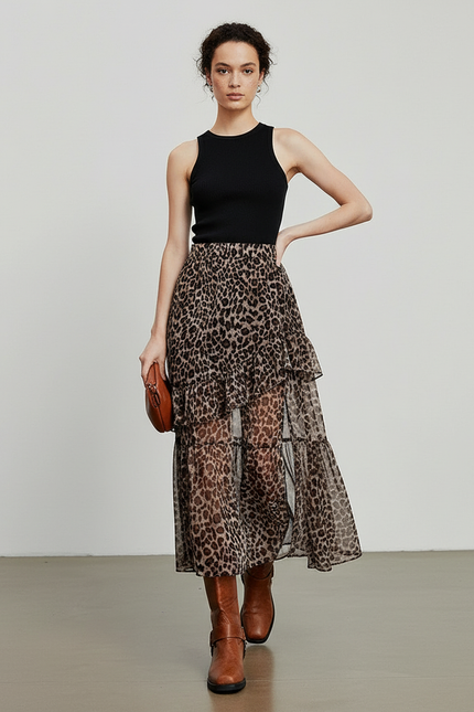 Jupe Léopard Chiffon Volants Fluide