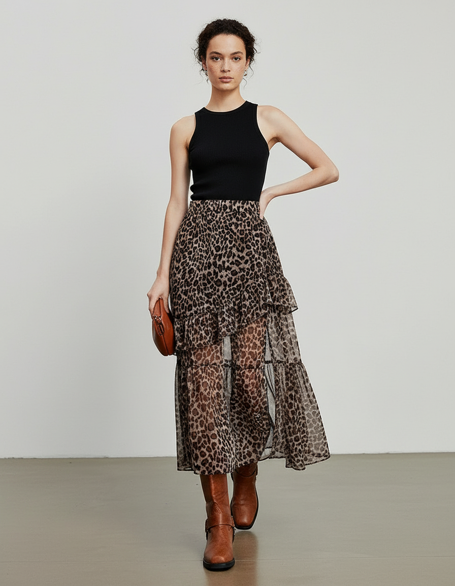 Jupe Léopard Chiffon Volants Fluide