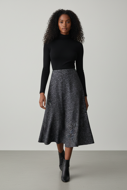 Jupe Léopard Gris Anthracite Évasée Élégante