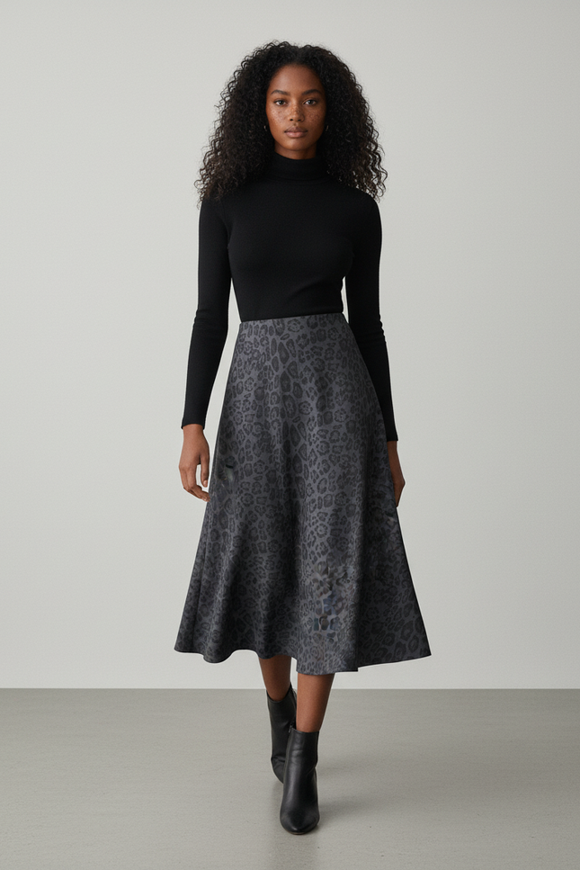 Jupe Léopard Gris Anthracite Évasée Élégante