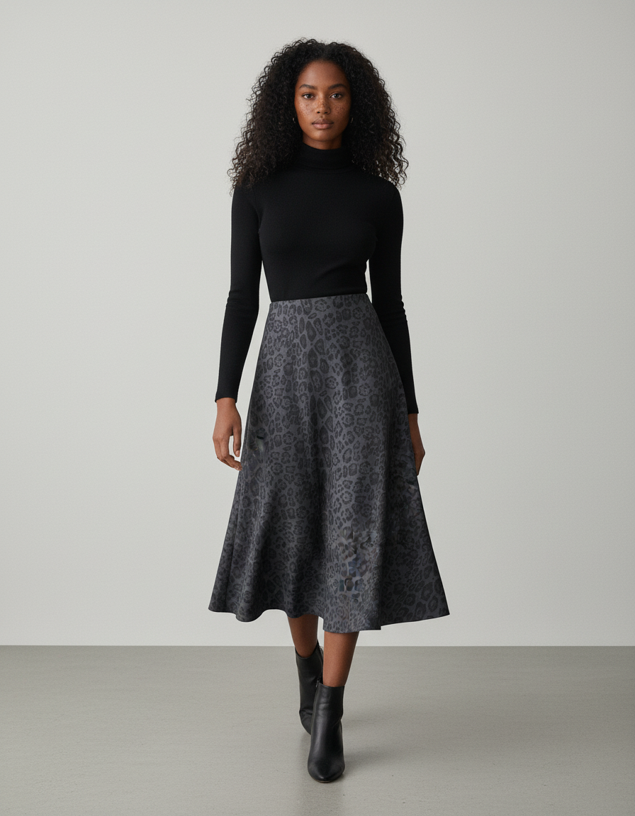 Jupe Léopard Gris Anthracite Évasée Élégante