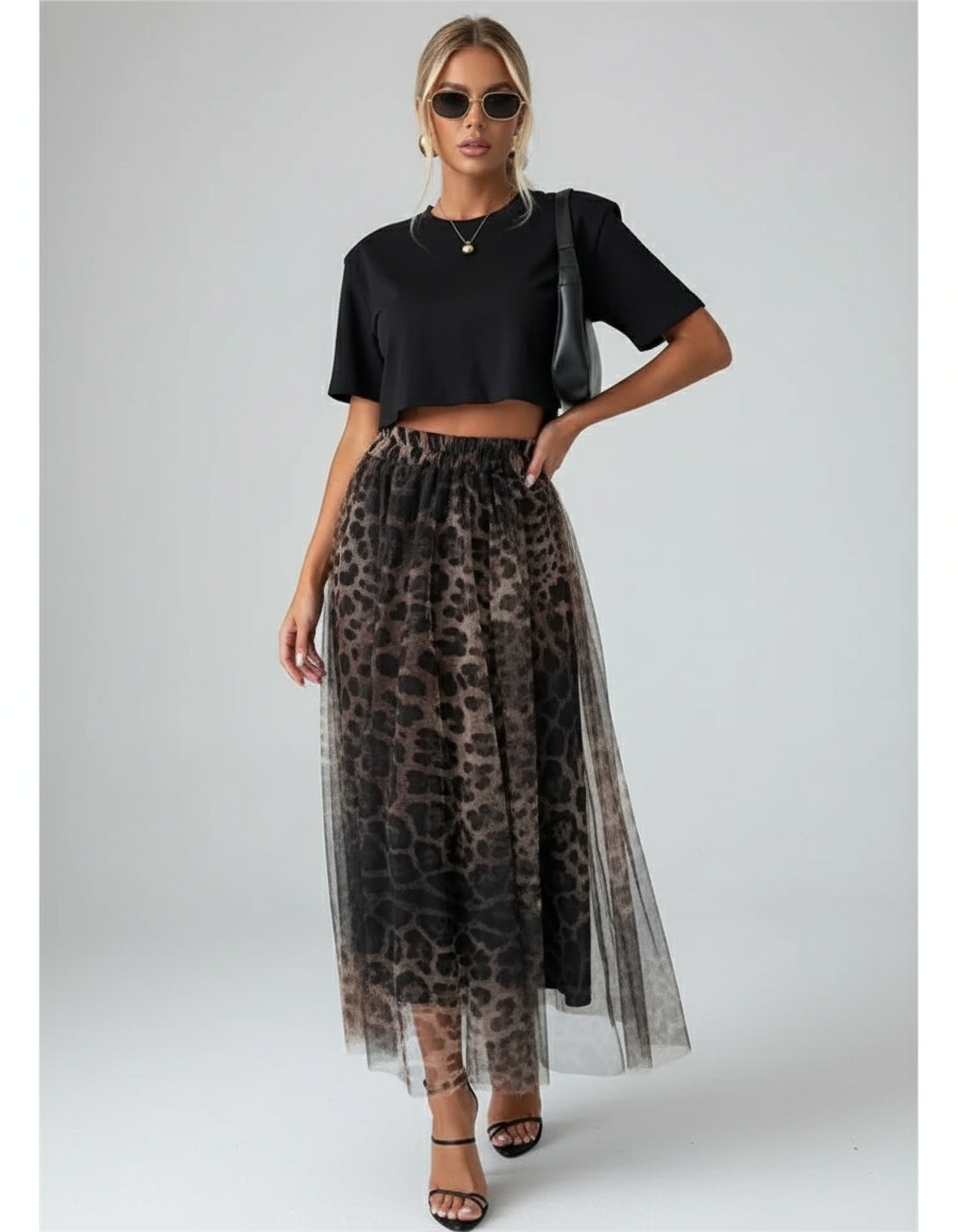 Jupe Léopard Maille Longue Plissée