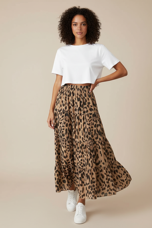 Jupe Léopard Longue À Volants Bohème