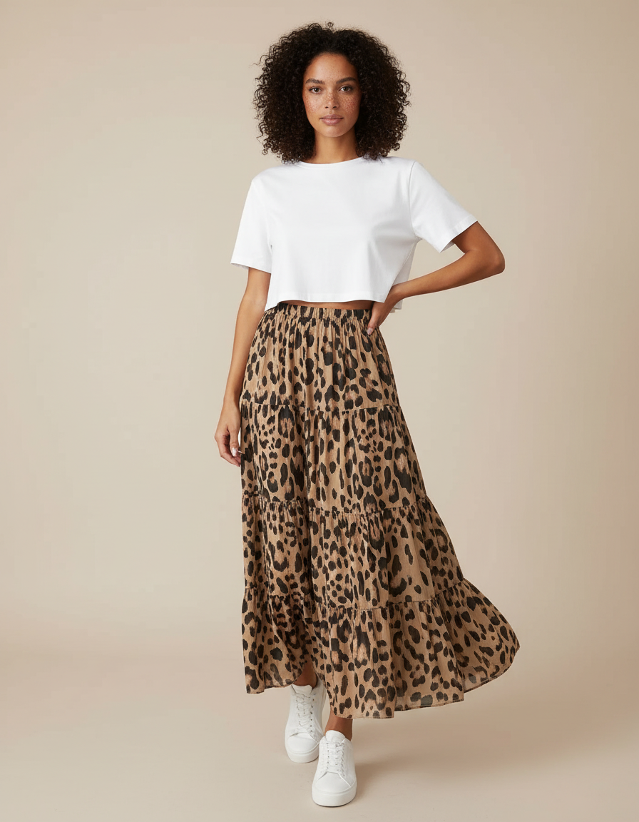 Jupe Léopard Longue À Volants Bohème