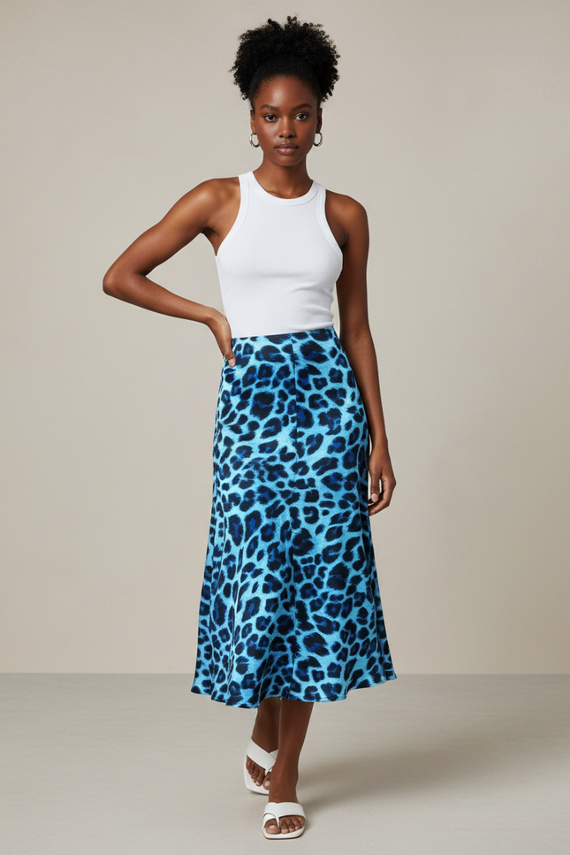 Jupe Léopard Bleue Satinée Fluide