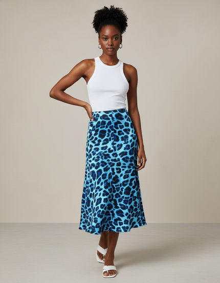 Jupe Léopard Bleue Satinée Fluide