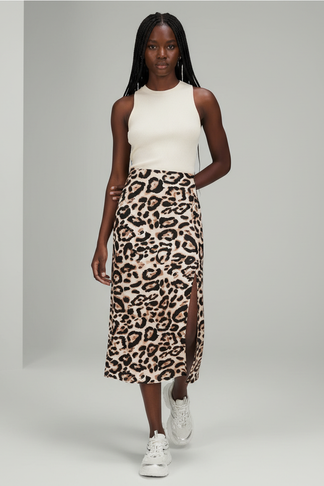 Jupe Léopard Midi Fendue Fluide