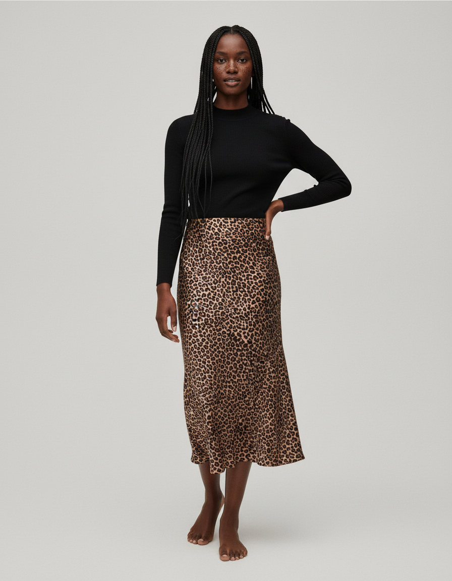 Jupe Léopard Satin Fluide Élégante Délicate