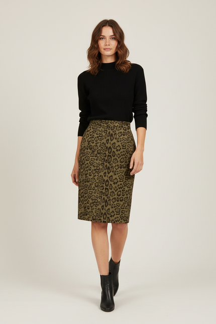 Jupe Léopard Kaki Midi Élégante