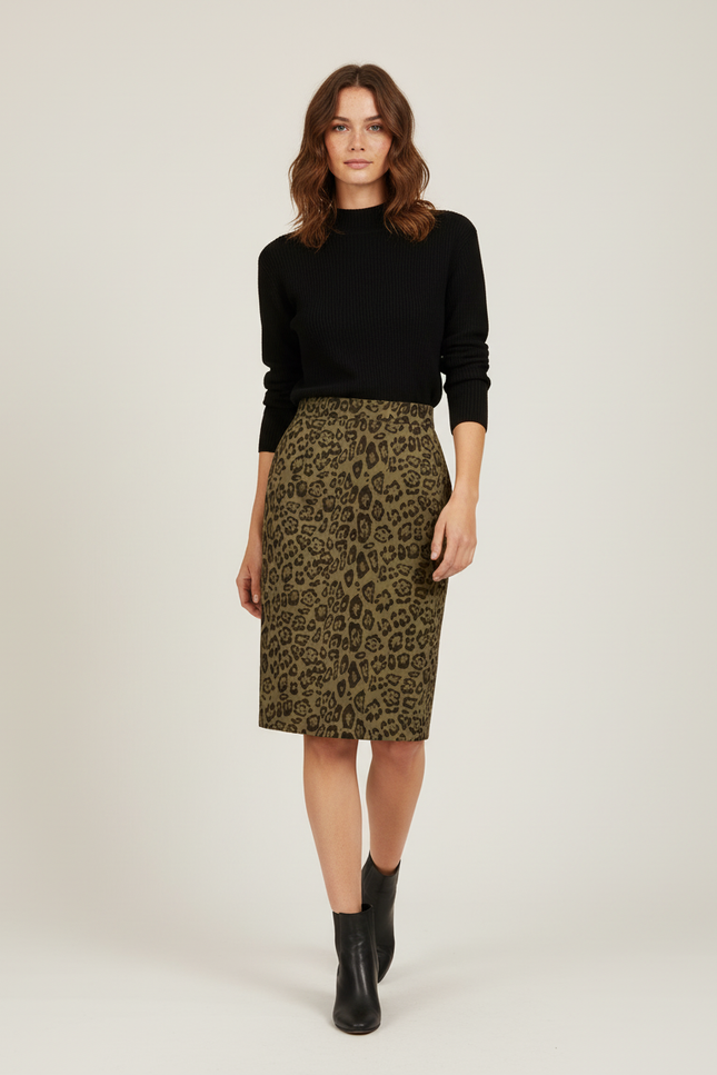 Jupe Léopard Kaki Midi Élégante