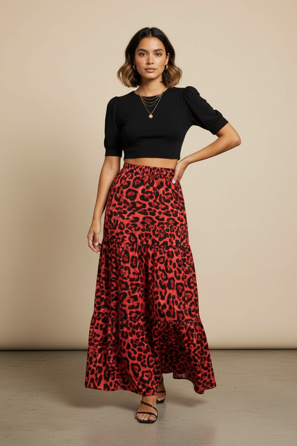 Jupe Léopard Rouge À Volants Fluide