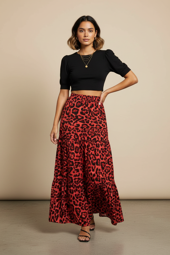 Jupe Léopard Rouge À Volants Fluide