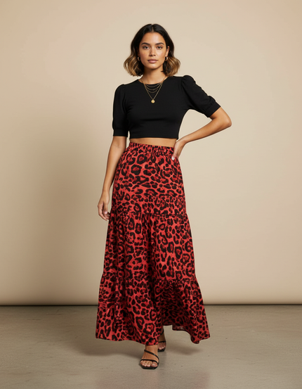 Jupe Léopard Rouge À Volants Fluide