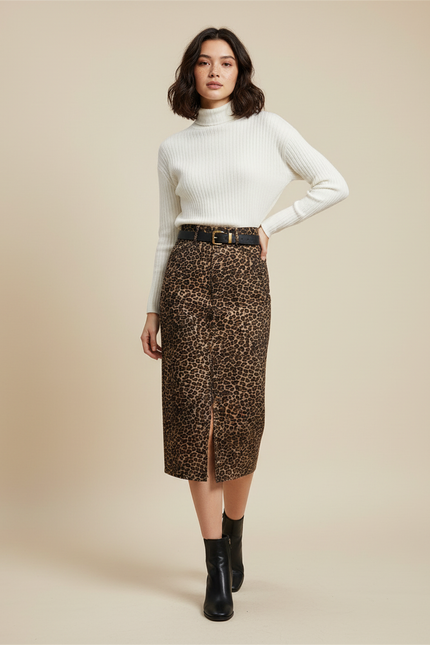 Jupe Léopard Midi Fente Tendance