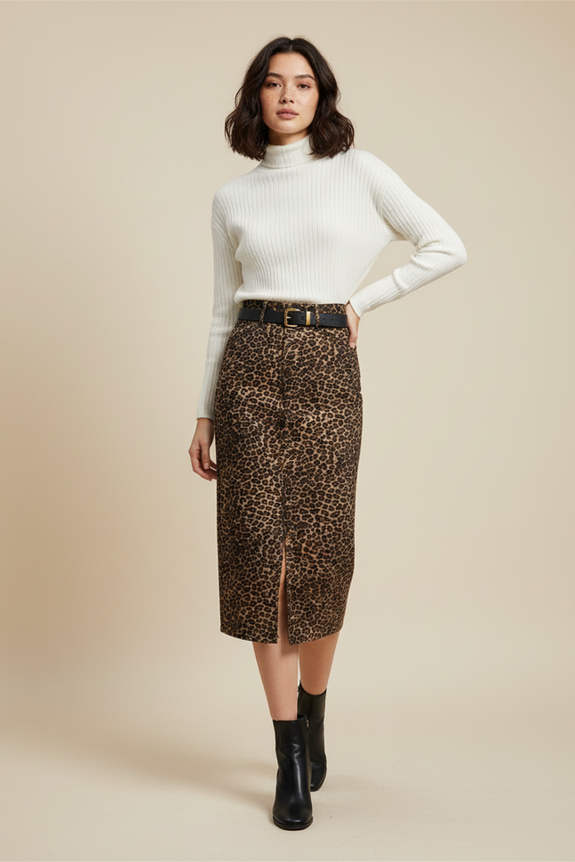 Jupe Léopard Midi Fente Tendance