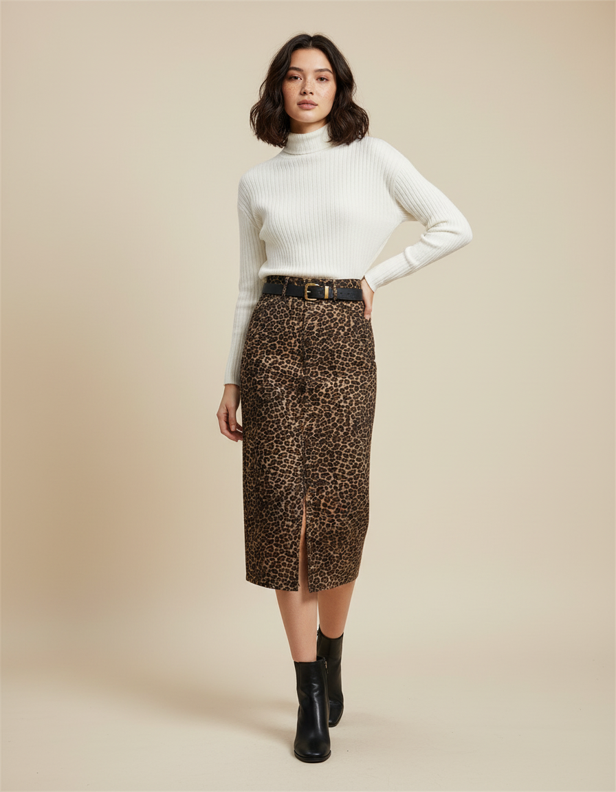 Jupe Léopard Midi Fente Tendance