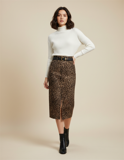 Jupe Léopard Midi Fente Tendance