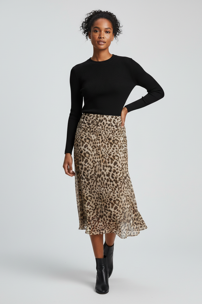 Jupe Léopard Fluide Midi Élégante