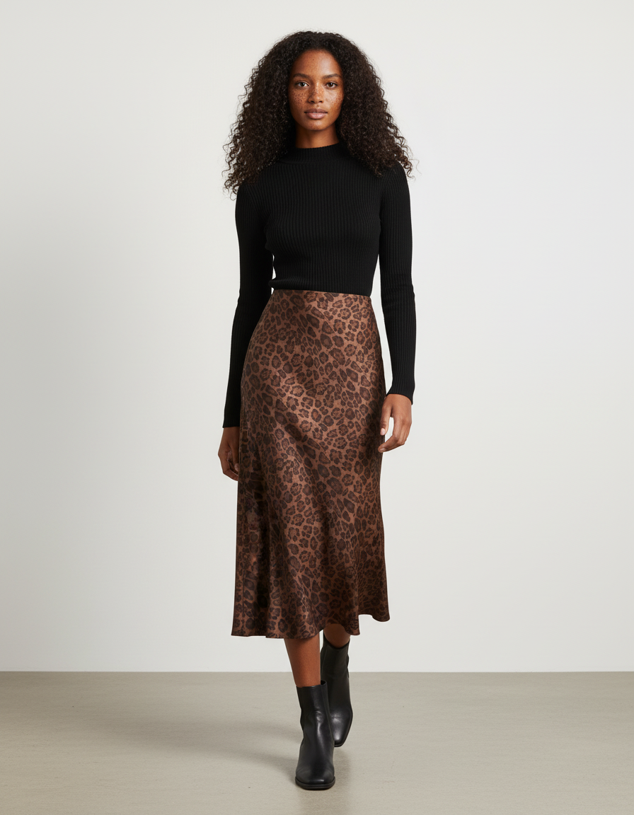 Jupe Léopard Marron Fluide Élégante Chaleureuse