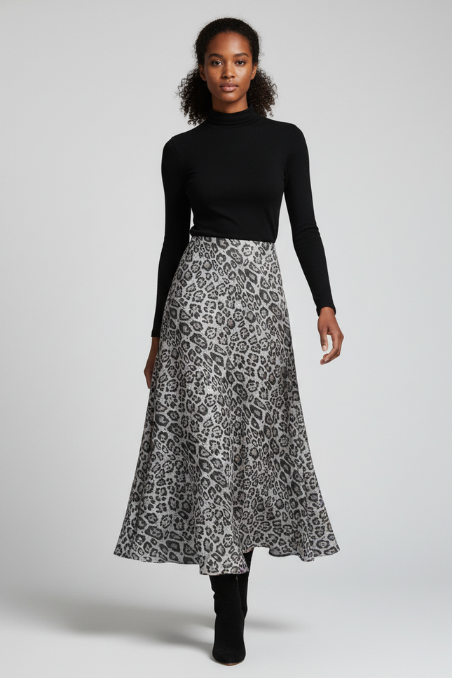 Jupe Léopard Grise Longue Fluide
