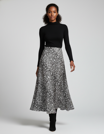 Jupe Léopard Grise Longue Fluide