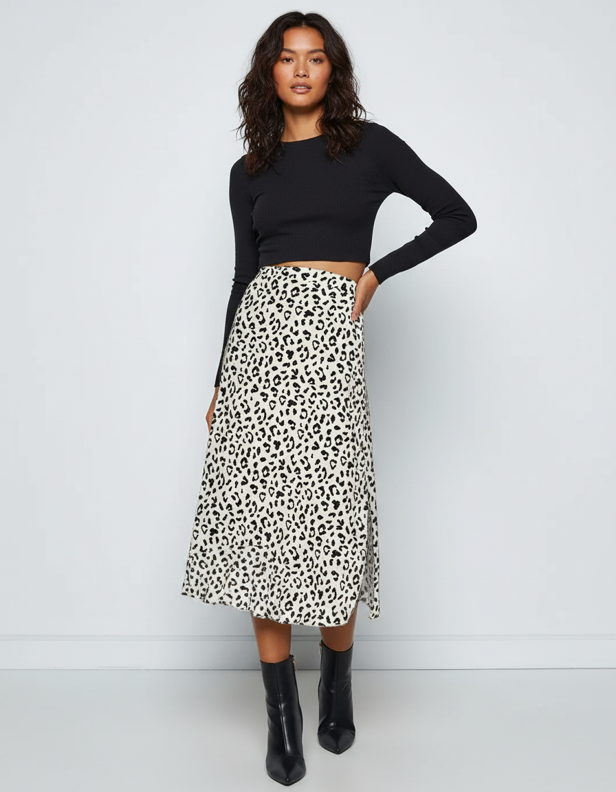 Jupe Léopard Fluide Fendue Élégante