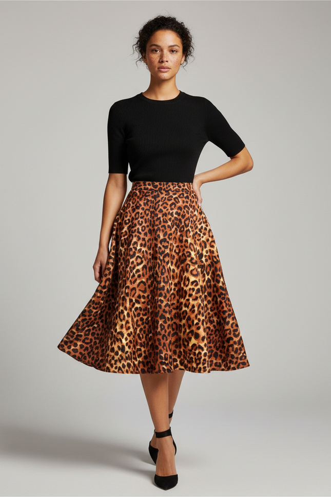 Jupe Léopard Évasée Midi Chic