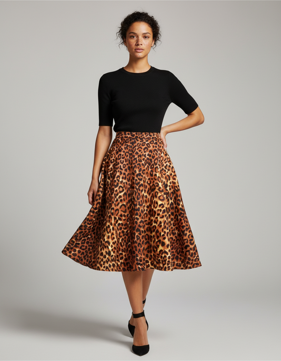 Jupe Léopard Évasée Midi Chic