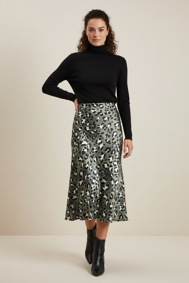 Jupe Léopard Vert Kaki Fluide Élégante