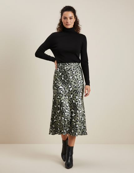 Jupe Léopard Vert Kaki Fluide Élégante