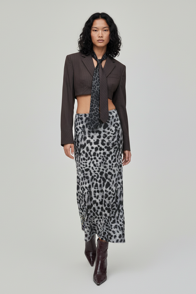 Jupe Léopard Midi Grise Élégante