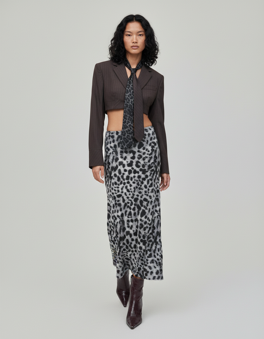 Jupe Léopard Midi Grise Élégante