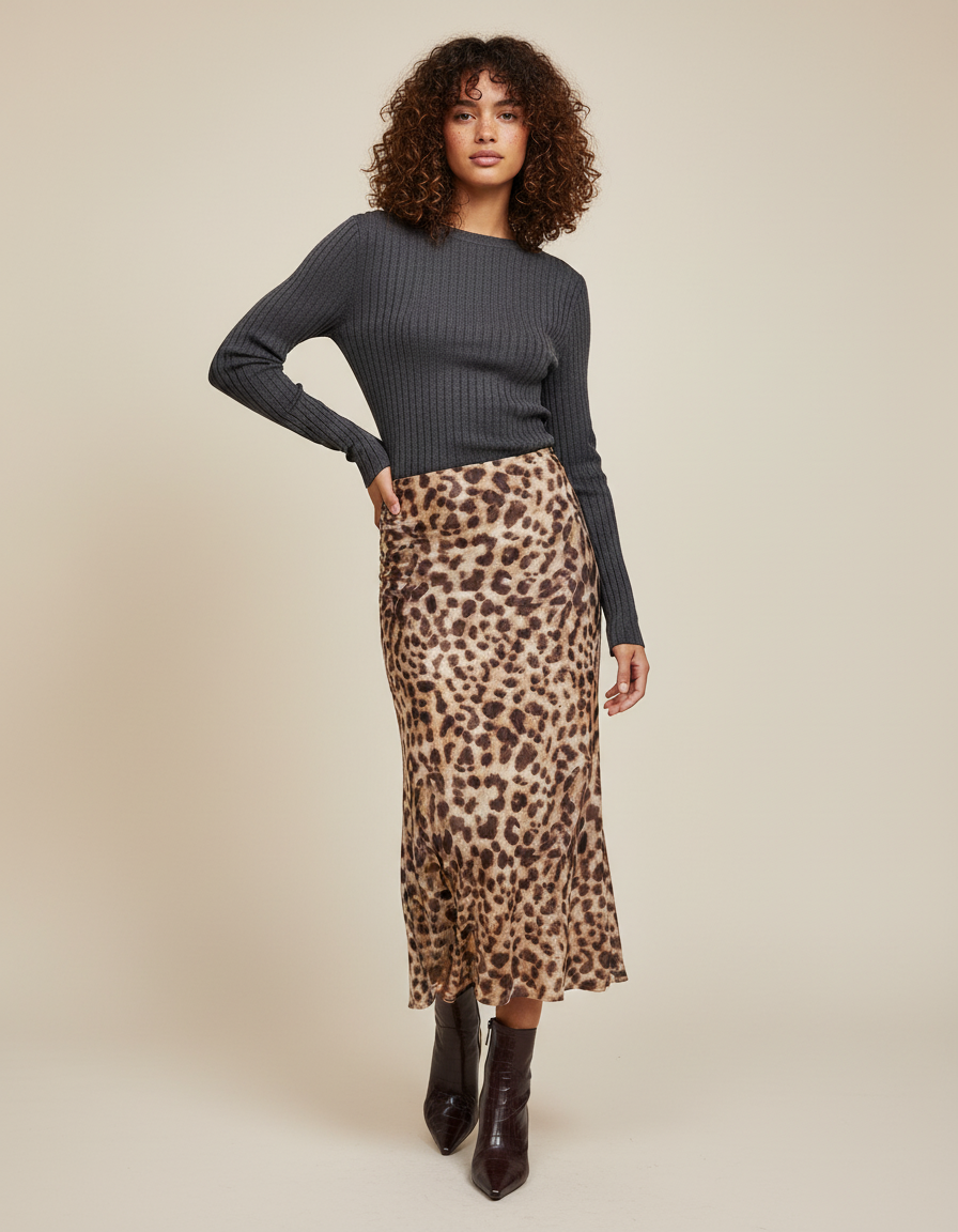 Jupe Léopard Midi Fluide Élégante Féminine
