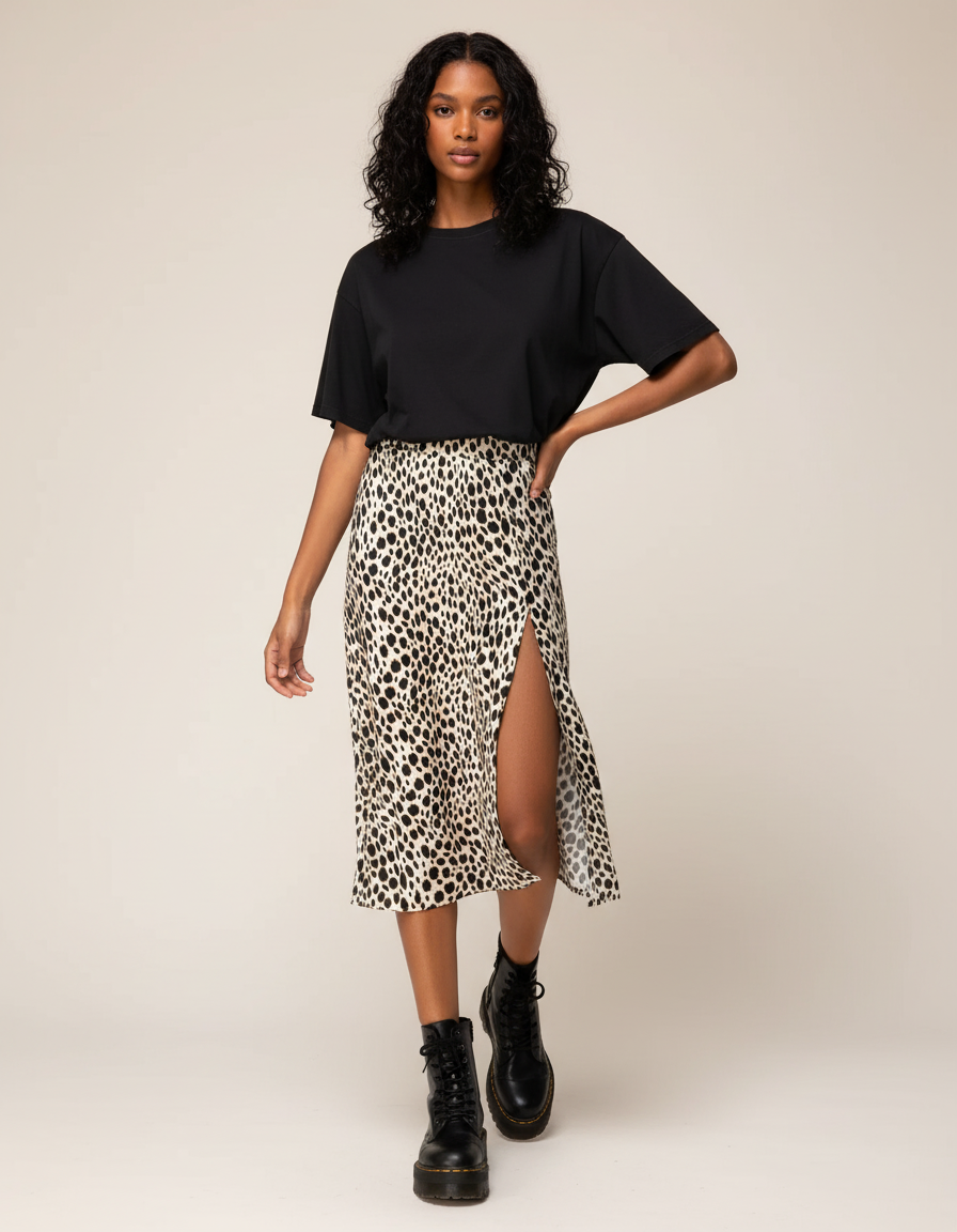Jupe Léopard Fendue Midi Élégante