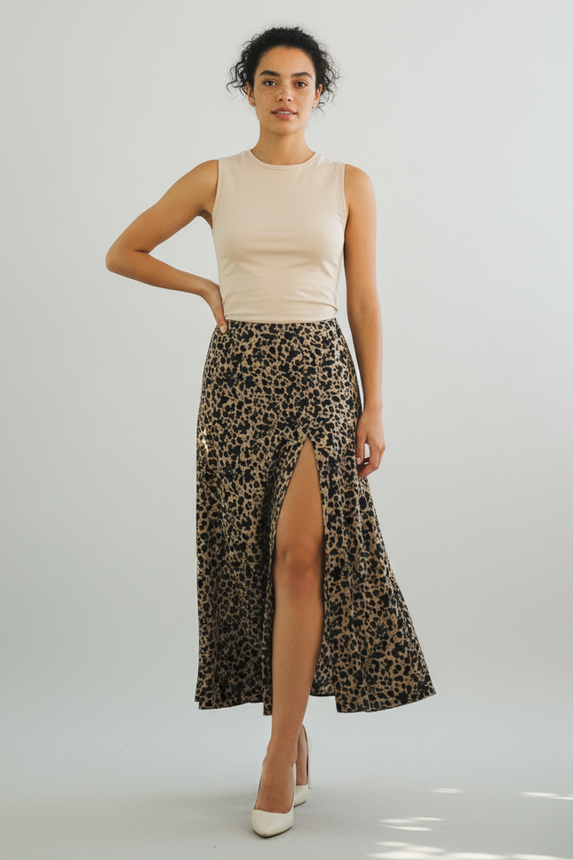Jupe Léopard Fente Haute Fluide Élégante