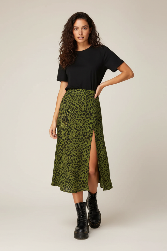 Jupe Léopard Verte Fendue Élégante