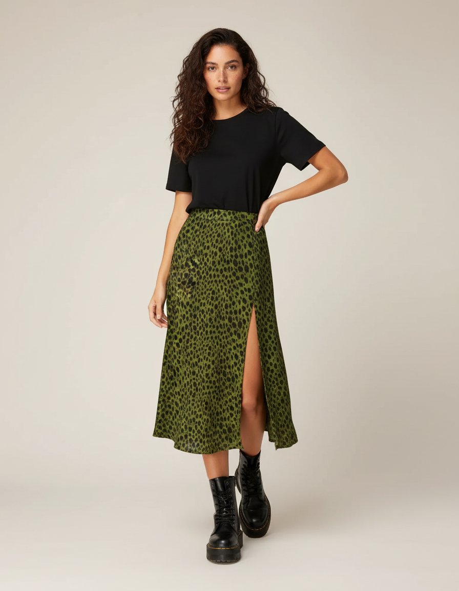 Jupe Léopard Verte Fendue Élégante
